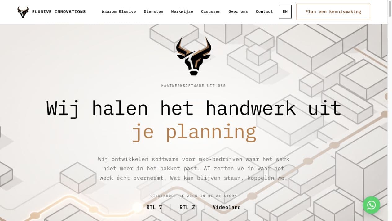 De website van Elusive Innovations op desktop