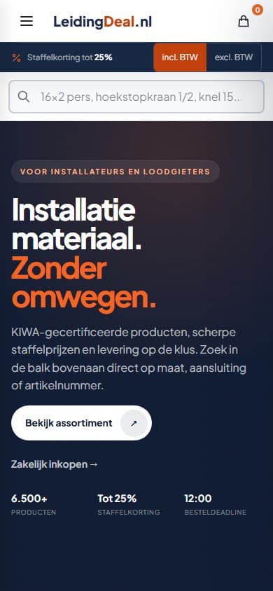 Mobiele weergave van de homepage van Leidingdeal